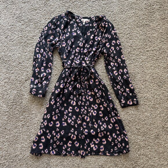Rebecca Taylor Silk Cheetah Jacquard Print Wrap Long Sleeve Dress Size 10 Black - Picture 1 of 7